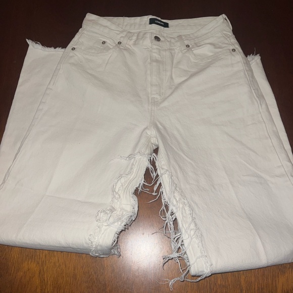 Source Unknown - WIDE-LEG FRAYED JEANS, IVORY - Size 6 - Picture 2 of 7